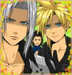  3boys armor black_hair blonde_hair blue_eyes blue_sweater cloud_strife collarbone commentary_request earrings expressionless final_fantasy final_fantasy_vii final_fantasy_vii_advent_children green_background green_eyes grey_hair hair_slicked_back hand_up jewelry long_bangs looking_at_viewer multiple_boys nervous_smile open_mouth parted_bangs pauldrons popochan-f sephiroth serious shaded_face short_hair shoulder_armor slit_pupils smile spiky_hair stud_earrings sweatdrop sweater turtleneck turtleneck_sweater upper_body v zack_fair 