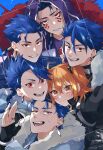  1girl 5boys ahoge black_jacket black_scrunchie blue_hair bodypaint braid braided_ponytail capelet chaldea_uniform child cu_chulainn_(caster)_(fate) cu_chulainn_(fate) cu_chulainn_(fate/prototype) cu_chulainn_(fate/stay_night) cu_chulainn_alter_(fate) dark_blue_hair detached_hood earrings facepaint fang fate/grand_order fate_(series) fujimaru_ritsuka_(female) fujimaru_ritsuka_(female)_(polar_chaldea_uniform) fur-trimmed_hood fur_trim gloves hair_between_eyes hair_ornament hair_scrunchie highres hood hood_down hood_up hooded_capelet jacket jewelry kajijii long_hair looking_at_viewer male_focus multiple_boys one_side_up open_mouth orange_hair ponytail red_eyes scrunchie setanta_(fate) shirt short_hair side_ponytail smile spiky_hair 