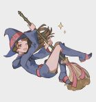  1girl absurdres boots broom broom_riding brown_eyes brown_hair diamond_(shape) dress floating_hair grey_background hat highres holding holding_broom kagari_atsuko knee_boots little_witch_academia long_hair looking_to_the_side luna_nova_school_uniform one_eye_closed open_mouth purple_dress purple_footwear purple_hat red_ribbon ribbon school_uniform simple_background solo teeth upper_teeth_only witch witch_hat wonemie 