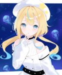  1girl bare_shoulders beret blonde_hair blue_eyes coat commentary_request hand_on_own_chin hat highres jelee-chan jellyfish long_hair long_sleeves looking_at_viewer low_twintails multicolored_hair off-shoulder_coat off_shoulder sky solo star_(sky) starry_sky streaked_hair sunchi_pinch twintails upper_body white_beret white_coat yoru_no_kurage_wa_oyogenai 