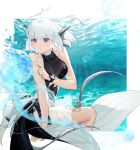  1girl bare_arms bare_shoulders black_one-piece_swimsuit breasts fins head_fins highres liv:_luminance_(puella_subnautica)_(punishing:_gray_raven) liv_(punishing:_gray_raven) medium_breasts medium_hair one-piece_swimsuit punishing:_gray_raven see-through see-through_shirt see-through_swimsuit shrimpun solo swimsuit underwater violet_eyes white_hair 