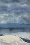  2others blue_sky cliff clouds cloudy_sky day highres mouen_tw mountain mountainous_horizon multiple_others original painting_(medium) scenery sky snow traditional_media watercolor_(medium) 
