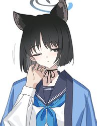  1boy 1girl animal_ears averting_eyes black_hair black_ribbon blue_archive blue_neckerchief blush cat_ears extra_ears halo haori hetero highres japanese_clothes kikyou_(blue_archive) neck_ribbon neckerchief nekoln one_eye_closed ribbon school_uniform sensei_(blue_archive) serafuku short_hair simple_background upper_body white_background 