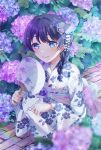  1girl alternate_costume blue_eyes blue_hair blush braid brick_road closed_mouth commentary_request dark_blue_hair floral_print floral_print_kimono flower full_body hand_fan highres holding holding_fan hydrangea japanese_clothes kimono link!_like!_love_live! long_hair long_sleeves looking_at_viewer love_live! mochi_tsu22 mole mole_on_neck murano_sayaka outdoors pink_flower print_kimono purple_flower single_braid smile solo virtual_youtuber white_kimono wide_sleeves 