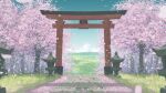  absurdres architecture cherry_blossoms clouds cloudy_sky east_asian_architecture falling_petals fasnakegod grass hakurei_shrine highres no_humans petals scenery shinto shrine sky torii touhou 