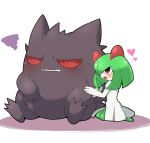  arm_grab blush colored_skin fang gengar ghost green_hair heart horns kirlia multicolored_skin open_mouth pokemon pokemon_(creature) red_eyes sidelocks simple_background subaru331 two-tone_skin white_background white_skin 