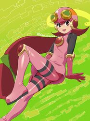  1girl black_bodysuit bodysuit brown_eyes commentary cosplay don_(rg06268) dress gloves helmet highres leg_up long_hair looking_at_viewer mayl_sakurai_(mega_man) mega_man_(series) mega_man_battle_network_(series) open_mouth pantyhose pink_dress pink_footwear pink_gloves pink_helmet pink_pantyhose redhead roll.exe_(mega_man) roll.exe_(mega_man)_(cosplay) sleeveless sleeveless_dress smile solo 