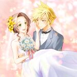  1boy 1girl aerith_gainsborough alternate_costume bare_shoulders black_bow black_bowtie blonde_hair blue_eyes bouquet bow bowtie bridal_veil bride brown_hair carrying closed_mouth cloud_strife collared_shirt commentary_request couple dress final_fantasy final_fantasy_vii flower green_eyes grey_jacket groom hair_flower hair_ornament hand_on_own_cheek hand_on_own_face hetero holding holding_bouquet husband_and_wife jacket light_blush lily_(flower) long_dress long_hair looking_at_another open_mouth parted_bangs princess_carry shirt short_hair sidelocks smile spiky_hair strapless strapless_dress suit_jacket tuxedo updo upper_body veil waistcoat wavy_hair wedding wedding_dress white_dress white_flower white_shirt yahokichi_ma yellow_flower 