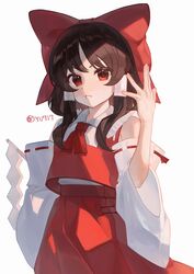 1girl absurdres ascot bare_shoulders bow brown_hair cindy717 collared_shirt commentary_request cowboy_shot detached_sleeves flat_chest gohei hair_bow hakurei_reimu highres long_hair long_sleeves looking_at_viewer parted_lips red_ascot red_bow red_eyes red_ribbon red_skirt red_vest ribbon ribbon-trimmed_sleeves ribbon_trim shirt simple_background skirt skirt_set sleeveless sleeveless_shirt solo touhou vest white_background white_shirt white_sleeves wide_sleeves 