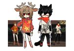  2boys akechi_gorou amamiya_ren animal_ears antlers bandana black_hair black_pants cat_ears cat_tail chibi deer_antlers deer_ears full_body hood hood_down hoodie horns long_sleeves multiple_boys pants persona persona_5 red_bandana red_hoodie shirt tail w5 white_pants white_shirt 