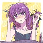  1girl bespectacled black_nails bocchi_the_rock! braid collarbone glasses gobou_(kkggbpn4g27) highres hiroi_kikuri holding holding_pen pen purple_hair sharp_teeth single_braid solo teeth upper_body violet_eyes 