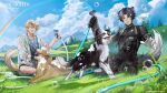  2boys animal_ears arknights black_footwear black_fur black_hair blonde_hair blue_sky closed_eyes clouds cloudy_sky commentary day dog dog_boy dog_ears dog_tail english_commentary eyewear_on_head grass holding holding_hose hose long_sleeves multicolored_fur multiple_boys official_art on_ground open_mouth outdoors rainbow shoes short_hair shorts sitting sky smile sneakers tail tequila_(arknights) to_e water watermark wet white_fur windflit_(arknights) yellow_eyes yellow_fur 