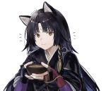  1girl animal_ears arknights black_hair black_kimono bowl brown_eyes closed_mouth commentary_request dog_ears dog_girl facial_mark fingerless_gloves food_in_mouth forehead_mark gloves holding holding_bowl japanese_clothes kimono long_hair looking_at_viewer melundago purple_gloves saga_(arknights) solo upper_body 
