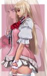  1girl ascot blonde_hair boots dress fingerless_gloves frills from_side gloves hand_guard highres hime_cut kittymiya lili_(tekken) long_hair pink_dress puffy_sleeves red_ascot shirt solo tassel tekken tekken_8 white_shirt 