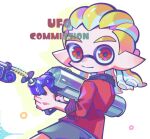  1boy blonde_hair closed_mouth commentary_request commission e-liter_4k_(splatoon) glint grey_shorts gun holding holding_gun holding_weapon inkling inkling_girl inkling_player_character jacket korean_commentary long_hair looking_at_viewer male_focus pointy_ears red_eyes red_jacket shorts smile solo splatoon_(series) tentacle_hair ufo_sw watermark weapon 