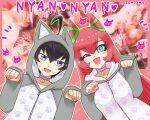  1boy 1girl animal_ears bell black_hair blue_eyes cat_day double_bun fake_animal_ears hair_bun highres long_hair neck_bell nyandestar_(yu-gi-oh!) one_eye_closed onesie open_mouth paw_pose paw_print photo_background redhead smile sougetsu_manabu sweat yhx5f2kuond0ddi yu-gi-oh! yu-gi-oh!_go_rush!! 