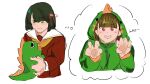  2girls absurdres animal_hood black_hair blunt_bangs blunt_ends blush braid brown_dress brown_hair center-flap_bangs claw_pose closed_mouth commentary dinosaur_hood dress english_commentary fangs flower flower_knot gao green_eyes hair_flower hair_ornament hasu_no_sora_school_uniform highres holding holding_stuffed_toy hood imagining kachimachi_kosuzu kepitingtiga link!_like!_love_live! long_sleeves looking_at_another looking_at_viewer love_live! momose_ginko multiple_girls neckerchief onesie open_mouth pink_eyes sailor_collar sailor_dress school_uniform short_hair side_braids simple_background smile spoken_character stuffed_dinosaur stuffed_toy thought_bubble virtual_youtuber white_background white_sailor_collar winter_uniform yellow_neckerchief 