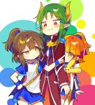  1boy 2girls absurdres arle_nadja blue_skirt blunt_bangs brown_eyes brown_hair carbuncle_(puyopuyo) closed_mouth demon_horns green_hair highres horns long_hair looking_at_another multiple_girls nervous_smile nervous_sweating offbeat pointy_ears puyopuyo red_eyes satan_(puyopuyo) short_hair short_ponytail skirt smile sweat 