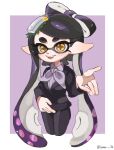  1girl absurdres black_hair border bow-shaped_hair callie_(splatoon) cropped_legs eyelashes gradient_hair highres inkling lemo_(lemo_4) long_hair looking_at_viewer mole mole_under_eye multicolored_hair open_mouth outside_border pink_hair pointy_ears purple_background short_eyebrows simple_background smile solo splatoon_(series) splatoon_3 star-shaped_pupils star_(symbol) symbol-shaped_pupils teeth tentacle_hair thick_eyebrows two-tone_hair white_border yellow_pupils 
