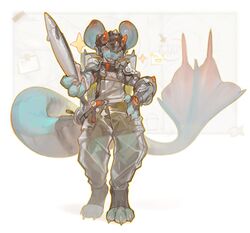  1boy animal animal_ears armor artist_name black_shorts blue_skin claws colored_skin commentary fewer_digits fins fish fish_tail foreshortening furry furry_male hand_on_own_hip helmet highres holding holding_animal holding_fish horns horns_through_headwear kunaru_(799865444232548352) male_focus open_mouth orange_eyes orange_horns original outstretched_arm pants pauldrons see-through see-through_pants shorts shoulder_armor single_vambrace smile solo sparkle standing symbol-only_commentary tail vambraces 