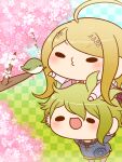  1boy 1girl ahoge akamatsu_kaede amami_rantaro antenna_hair bird black_eyes blonde_hair blue_shirt blue_sky branch breasts brooch checkered_background cherry_blossoms chibi collared_shirt commentary_request danganronpa_(series) danganronpa_v3:_killing_harmony day ear_piercing earrings feet_out_of_frame flower grass green_bridal_gauntlets green_hair grey_pants hair_ornament hand_on_another&#039;s_head jewelry large_breasts light_blush long_hair long_sleeves miniskirt multiple_piercings musical_note musical_note_hair_ornament musical_note_print necktie o3o open_mouth orange_necktie outdoors outstretched_arm pants pendant piercing pink_flower pink_vest pleated_skirt purple_skirt shirt short_sleeves skirt sky smile solid_oval_eyes standing_on_shoulder striped_clothes striped_shirt stud_earrings tree v-neck v-shaped_eyebrows very_long_hair vest white_shirt white_undershirt yumaru_(marumarumaru) 