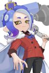  1girl black_pants blue_hair buttons cape closed_mouth collared_shirt commentary_request crown dynamo_roller_(splatoon) earrings fur-trimmed_cape fur_trim gradient_hair highres holding holding_weapon jewelry medium_hair multicolored_hair ni_nait091 octoling octoling_girl octoling_player_character pants purple_hair red_shirt shirt simple_background smile solo splatoon_(series) splatoon_3 tentacle_hair weapon white_background yellow_eyes 