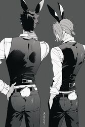  2boys absurdres animal_ears belt black_belt black_hair black_pants cheolsu_o cigarette collared_shirt commentary cropped_legs dress_shirt fake_animal_ears fake_tail from_behind gokudera_hayato greyscale hair_intakes hand_in_pocket hand_on_own_hip hand_on_own_neck highres katekyo_hitman_reborn long_sleeves male_focus monochrome multiple_boys pants rabbit_ears rabbit_tail shirt short_hair short_ponytail symbol-only_commentary tail tight_clothes tight_pants undershirt white_hair white_shirt wrist_cuffs yamamoto_takeshi 