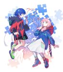  2girls bird blowing_bubbles blue_hair blue_jacket bubble_wand earrings fish full_body hastur_(kamitsubaki_studio) highres hood hooded_jacket jacket jewelry kaf_(kamitsubaki_studio) kamitsubaki_studio laplace_(kamitsubaki_studio) long_hair low_twintails multicolored_eyes multicolored_hair multiple_girls pink_hair puzzle redhead rim_(kamitsubaki_studio) shoes shu_que_zhi_wu_yuan skirt sneakers twintails two-tone_hair virtual_youtuber yellow_pupils 