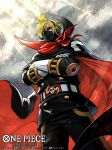  1boy bird black_jacket black_pants blonde_hair cape clouds cloudy_sky collared_cape commentary_request copyright_name cowboy_shot crossed_arms curly_eyebrows hair_over_one_eye headphones jacket male_focus neckerchief nijihayashi official_art one_piece one_piece_card_game pants red_neckerchief sanji_(one_piece) sky solo sunglasses sunlight 