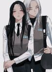  2girls bag black_eyes black_hair black_necktie black_pants black_skirt blush closed_mouth cowboy_shot eriol_s2 grey_background hand_on_another&#039;s_hip highres long_hair looking_at_viewer looking_to_the_side mole mole_under_eye multiple_girls necktie original pants sidelocks simple_background skirt standing white_eyes white_hair yuri 