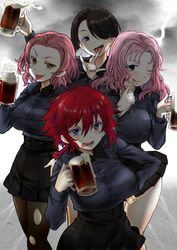  4girls :p ;q absurdres alcohol alternate_breast_size alternate_costume backlighting beer beer_mug black_hair black_pantyhose black_skirt blue_eyes braid commentary_request commission cranberry_(girls_und_panzer) cup dress_shirt earrings eyeliner finger_to_mouth food food_on_face girls_und_panzer grey_shirt hair_over_one_eye hand_on_own_hip highres holding holding_cup jewelry kuromorimine_school_uniform long_hair long_sleeves looking_at_viewer makeup medium_hair miniskirt mug multiple_girls nabeyu necklace one_eye_closed orange_eyes pantyhose partial_commentary peach_(girls_und_panzer) pink_hair pixiv_commission pleated_skirt redhead rosehip_(girls_und_panzer) school_uniform shirt short_hair single_braid skirt standing stud_earrings tongue tongue_out torn_clothes torn_pantyhose vanilla_(girls_und_panzer) wing_collar 