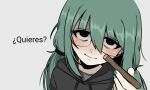 black_eyes black_hoodie blue_hair female glasses half-closed_eyes hatsune_miku holding holding_cigarette hoodie long_hair looking_at_viewer low_twintails marijuana meme reaching_out smile snale solo spanish_text twintails vocaloid white_background