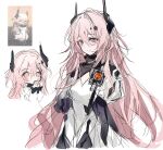  1girl arknights black_horns blush_stickers closed_mouth dress highres horns long_hair looking_at_viewer looking_to_the_side multiple_views pink_eyes pink_hair simple_background smile theresa_(arknights) upper_body very_long_hair white_background white_dress xx9106 