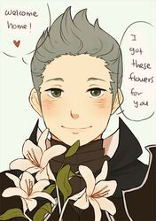  1boy fire_emblem fire_emblem_fates flower green_eyes grey_hair holding holding_flower looking_at_viewer male_focus memypie portrait pov quiff silas_(fire_emblem) solo speech_bubble white_flower 