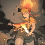  1girl blonde_hair cooking english_commentary fiery_hair fire frying_pan grey_overalls grin highres holding holding_frying_pan long_hair magic multicolored_hair orange_eyes orange_hair original overall_shorts overalls sandcasks shirt smile smoke solo split-color_hair t-shirt two-tone_hair yellow_shirt 