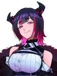  1girl aradia_ravencroft bare_shoulders black_hair black_jacket breasts demon_horns detached_sleeves fur-trimmed_jacket fur_trim highres hololive hololive_english horns jacket kureo large_breasts looking_at_viewer mole mole_under_mouth multicolored_hair pink_eyes pink_hair short_hair simple_background smile solo streaked_hair virtual_youtuber white_background 