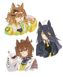  3girls agnes_tachyon_(umamusume) ahoge animal_ears black_coat black_gloves black_hair black_necktie black_shirt brown_hair clenched_hand closed_mouth coat collared_shirt cropped_torso earrings flask gloves hair_between_eyes hair_ornament hairclip hand_on_own_chest heichicc47 highres holding holding_flask horse_ears jacket jewelry jungle_pocket_(umamusume) lab_coat long_hair long_sleeves looking_at_viewer manhattan_cafe_(umamusume) multicolored_hair multiple_girls multiple_views neckerchief necktie notched_ear open_clothes open_jacket open_mouth red_eyes round-bottom_flask shirt short_hair short_necktie single_earring sleeves_past_fingers sleeves_past_wrists smile streaked_hair sweater umamusume upper_body white_background yellow_eyes yellow_jacket yellow_neckerchief yellow_sweater 