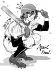  1boy absurdres adam&#039;s_apple adjusting_clothes adjusting_headwear april_fools baseball_bat baseball_helmet baseball_uniform cleats constantine_xi_(fate) drawn_crown earrings facing_viewer fate/grand_order fate_(series) full_body gloves greyscale hair_between_eyes hair_ornament heart heart_hair_ornament helmet highres holding holding_baseball_bat jewelry male_focus monochrome mvp shooou_0104 short_hair solo sportswear squatting 