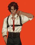  belt black_pants brown_hair chest_harness dark-skinned_male dark_skin harness heathcliff_(project_moon) highres limbus_company male_focus necktie non-web_source pants project_moon scar scar_on_face shirt simple_background thumbs_down tongue tongue_out white_shirt 