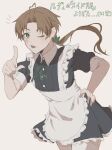  1boy absurdres ahoge apron brown_hair closed_mouth collar commentary commentary_request cowboy_shot crossdressing curtained_hair dress finger_gun frilled_apron frilled_dress frills green_eyes green_ribbon hair_ribbon hand_on_own_hip hand_up highres light_blush long_hair looking_at_viewer low_ponytail maid maid_apron male_focus male_maid mole mole_under_eye mushoku_tensei neck_ribbon one_eye_closed ponytail ribbon rudeus_greyrat short_dress short_sleeves sidelocks simple_background sketch solo thigh-highs tongue tongue_out tuyotuyo_dayo white_background white_collar white_thighhighs zettai_ryouiki 