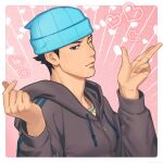  1boy ace_attorney black_hair blue_eyes blue_hat border brown_hoodie character_request hat heart highres hood hoodie kune_akiro long_sleeves male_focus one_eye_closed parted_lips pink_background solo upper_body white_border 