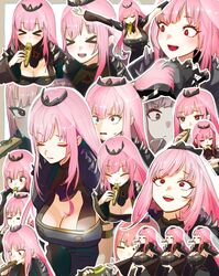  &gt;_&lt; 1girl :d black_dress blush breasts dress highres hololive hololive_english instrument iris_(tb33064667) kazoo large_breasts long_hair lying marching mori_calliope mori_calliope_(1st_costume) music on_stomach open_mouth pink_hair playing_instrument red_eyes smile spiked_cape surprised teeth tiara upper_teeth_only virtual_youtuber wide-eyed 