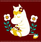  anklet basket blue_bow bow closed_eyes flower flower_basket full_body hair_flower hair_ornament jewelry limited_palette long_eyelashes moomin moomintroll no_humans nonana_(mikudrop) red_background red_flower sitting smile solo tail tail_bow tail_ornament 