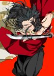  1boy black_eyes black_hair black_hakama commentary_request dororo_(tezuka) floating_hair guest_art hakama highres holding holding_sword holding_weapon japanese_clothes katana kimono kinako_(marubotan) long_hair looking_at_viewer male_focus red_background red_kimono simple_background solo sword tahoumaru weapon 