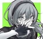  1girl asahi_rokka bad_id bad_twitter_id bang_dream! border fingerless_gloves gloves green_background greyscale_with_colored_background hair_between_eyes hairband hand_up highres long_hair looking_at_viewer open_mouth shiontaso smile solo upper_body white_border 