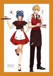  1boy 1girl :d ahoge apron artist_name bandaid bandaid_on_knee bandaid_on_leg black_apron black_footwear black_necktie black_pants black_shirt blonde_hair blue_hair blunt_bangs blush border braid braided_hair_rings buttons cake cake_slice coffee coffee_pot collared_shirt commentary_request crossed_bandaids crossed_bangs cup dark_blue_hair double-breasted double-parted_bangs eyelashes food genshin_impact green_eyes guoba_(genshin_impact) hair_between_eyes hair_ornament hair_over_shoulder hairclip hand_on_own_hip hand_up heart highres holding holding_coffee_pot holding_cup holding_tray kimagure_(kimagure_1618) leg_up long_hair looking_at_viewer neckerchief necktie notice_lines open_mouth orange_border pants parted_lips paw_print pinstripe_pattern puffy_short_sleeves puffy_sleeves red_neckerchief red_skirt red_vest shirt shoes short_eyebrows short_hair short_sleeves simple_background skirt smile speech_bubble spoken_heart standing standing_on_one_leg striped_apron striped_clothes striped_shirt striped_skirt striped_vest taroumaru_(genshin_impact) teeth thick_eyebrows thoma_(genshin_impact) tray twin_braids twitter_username upper_teeth_only vertical-striped_apron vertical-striped_clothes vertical-striped_shirt vertical-striped_skirt vertical-striped_vest vest waist_apron white_apron white_background white_shirt wing_collar xiangling_(genshin_impact) yellow_eyes 