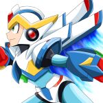  1boy armor clenched_hands falcon_armor_x_(mega_man) forehead_jewel from_side green_eyes helmet highres male_focus mechanical_wings mega_man_(series) mega_man_x_(series) profile simple_background smile solo upper_body white_armor white_background white_helmet wings x_(mega_man) yukitaso0930 