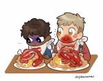  ... 2boys :t artist_name bib black_eyes blonde_hair blue_pupils blush blush_stickers bone bright_pupils brown_hair chewing chibi closed_mouth corn crab dark-skinned_male dark_skin dungeon_meshi ear_blush english_commentary food food_on_face kabru laios_touden long_sleeves looking_at_another male_focus multiple_boys plate red_shirt seafood shirt short_hair simple_background snail_soup table twitter_username undercut very_short_hair white_background yellow_eyes 