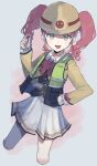  1girl :d absurdres akagi_anna amino_(li0a4) bad_id bad_twitter_id blunt_bangs cropped_legs diamond_(gemstone) gem green_jacket hand_on_own_hip hand_up hard_hat helmet highres holding holding_gem id_card jacket kirarigaoka_middle_school_uniform kiratto_pri_chan lanyard long_hair long_sleeves looking_at_viewer open_mouth pleated_skirt pretty_series redhead school_uniform skirt sleeveless sleeveless_jacket smile solo standing twintails white_skirt yellow_eyes yellow_jacket 