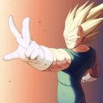  1boy arm_up blonde_hair blue_pants blue_shirt commentary_request dragon_ball dragon_ball_(classic) forehead furrowed_brow gloves gradient_background green_eyes grin happy highres kihada_magulo looking_up male_focus muscular muscular_male orange_background outstretched_arm pants shirt simple_background sleeveless sleeveless_shirt smile solo spiky_hair super_saiyan super_saiyan_1 teeth v-shaped_eyebrows vegeta white_gloves 